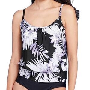 Kona Sol Leaf Printed Adjustable Straps Blouson Tankini Swimsuit‎  Top Size S